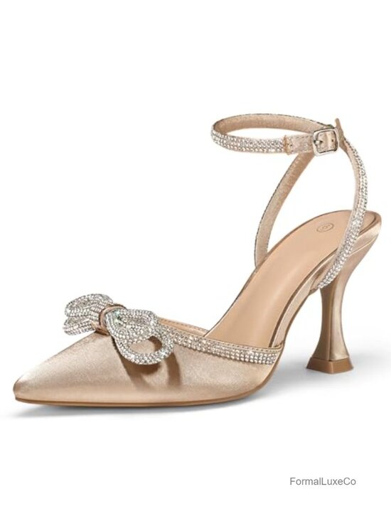 Shoes - Rhinestone Bow Kitten Heels Wedding Pump Pointed Toe Ankle Strap 3.15in